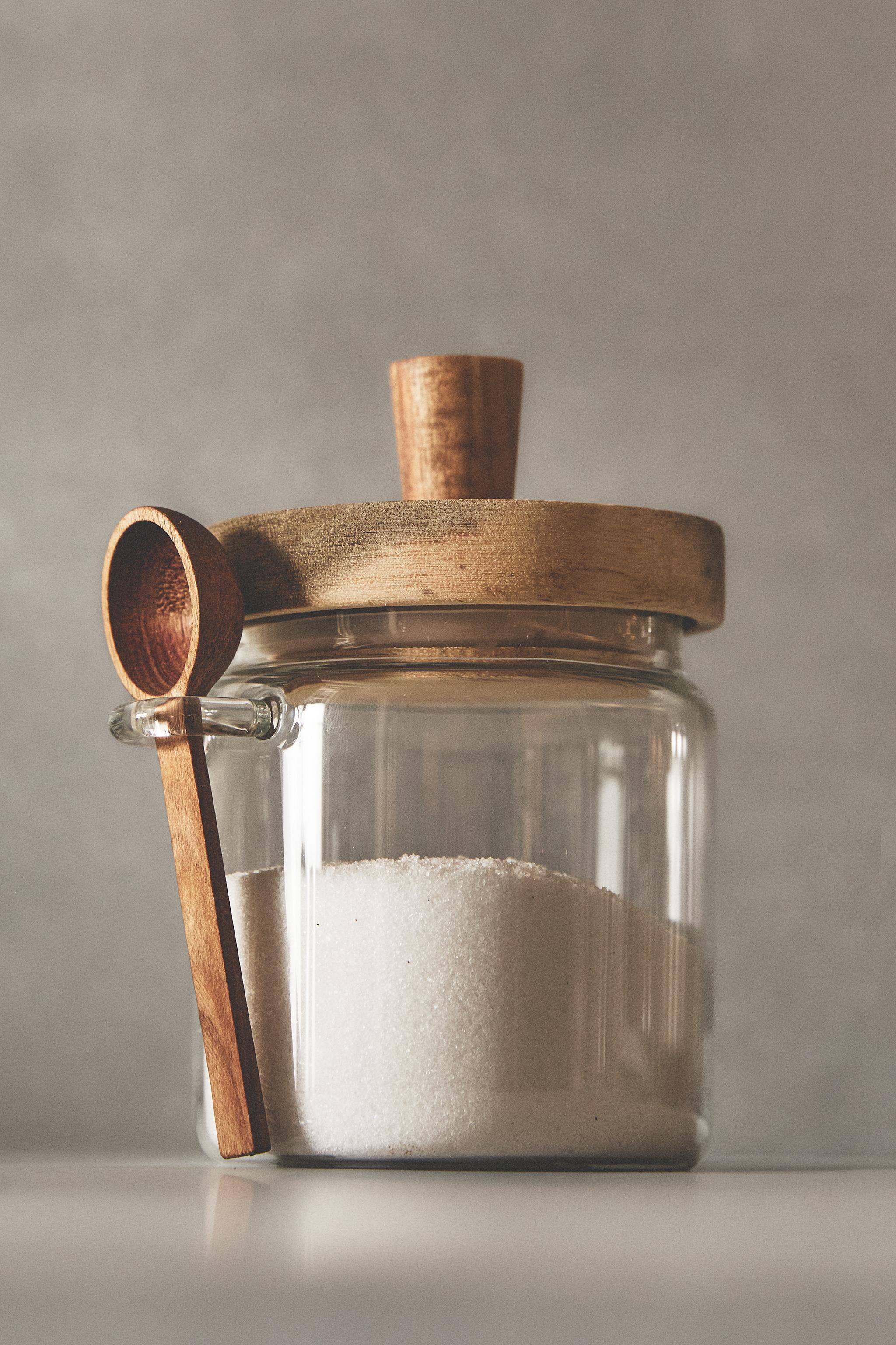 BOROSILICATE GLASS AND WOOD SUGAR BOWL